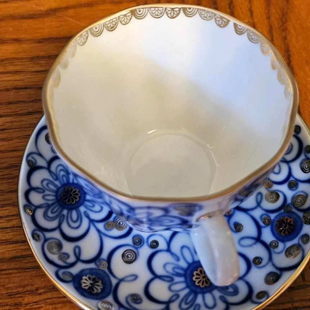 Lomonosov Imperial Porcelain Cobalt Blue Gold Floral Tea Cup Saucer Set USSR